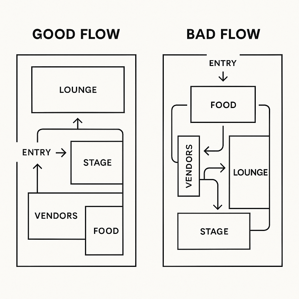 two diagrams of foot traffic and flow of attendees for a conference